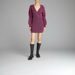 GANNI Melange Knit V-Neck Dress in Carmine Rose Size M